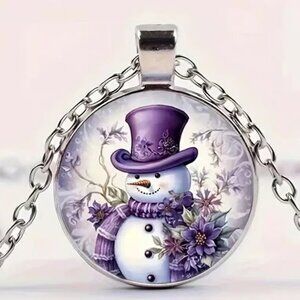 Silver SNOWMAN Christmas Glass Cabochon Pendant Necklace